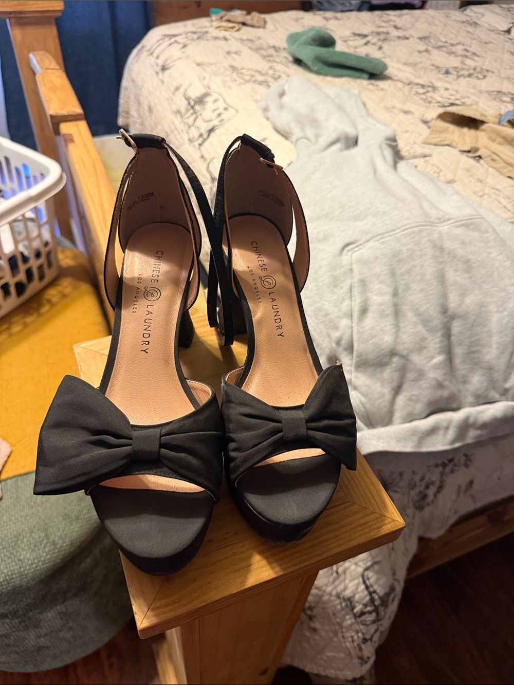 Chinese Laundry Black Bow Ankle-Strap Heels